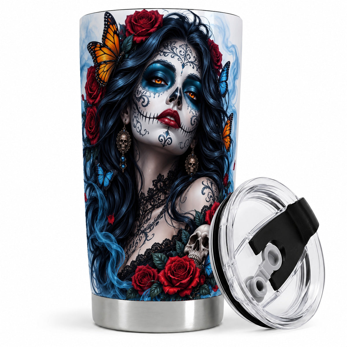Sugar Skull Rose Butterfly 20oz Tumbler, Stainless Steel for Gothic Fans