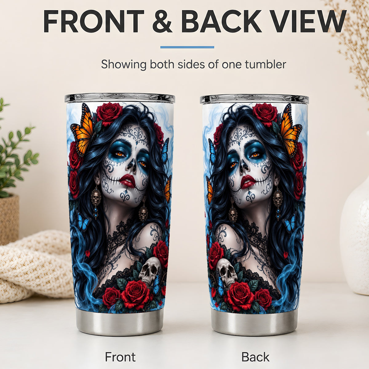 #pl[20oz|Steel] Sugar Skull Rose Butterfly 20oz Tumbler, Stainless Steel for Gothic Fans