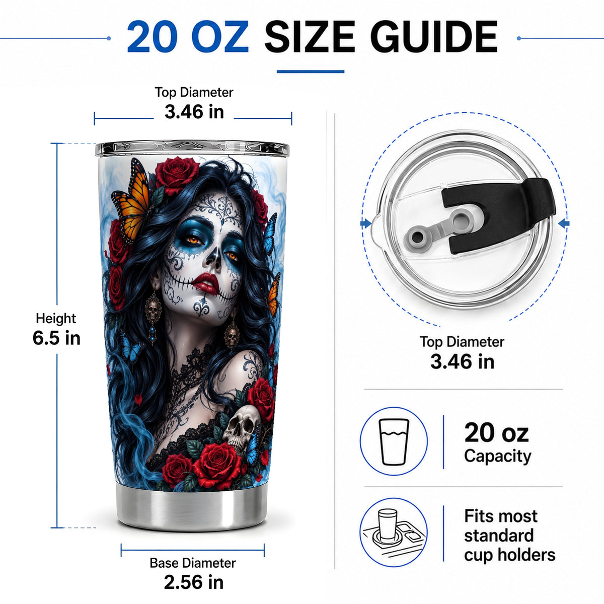 #pl[20oz|Steel] Sugar Skull Rose Butterfly 20oz Tumbler, Stainless Steel for Gothic Fans