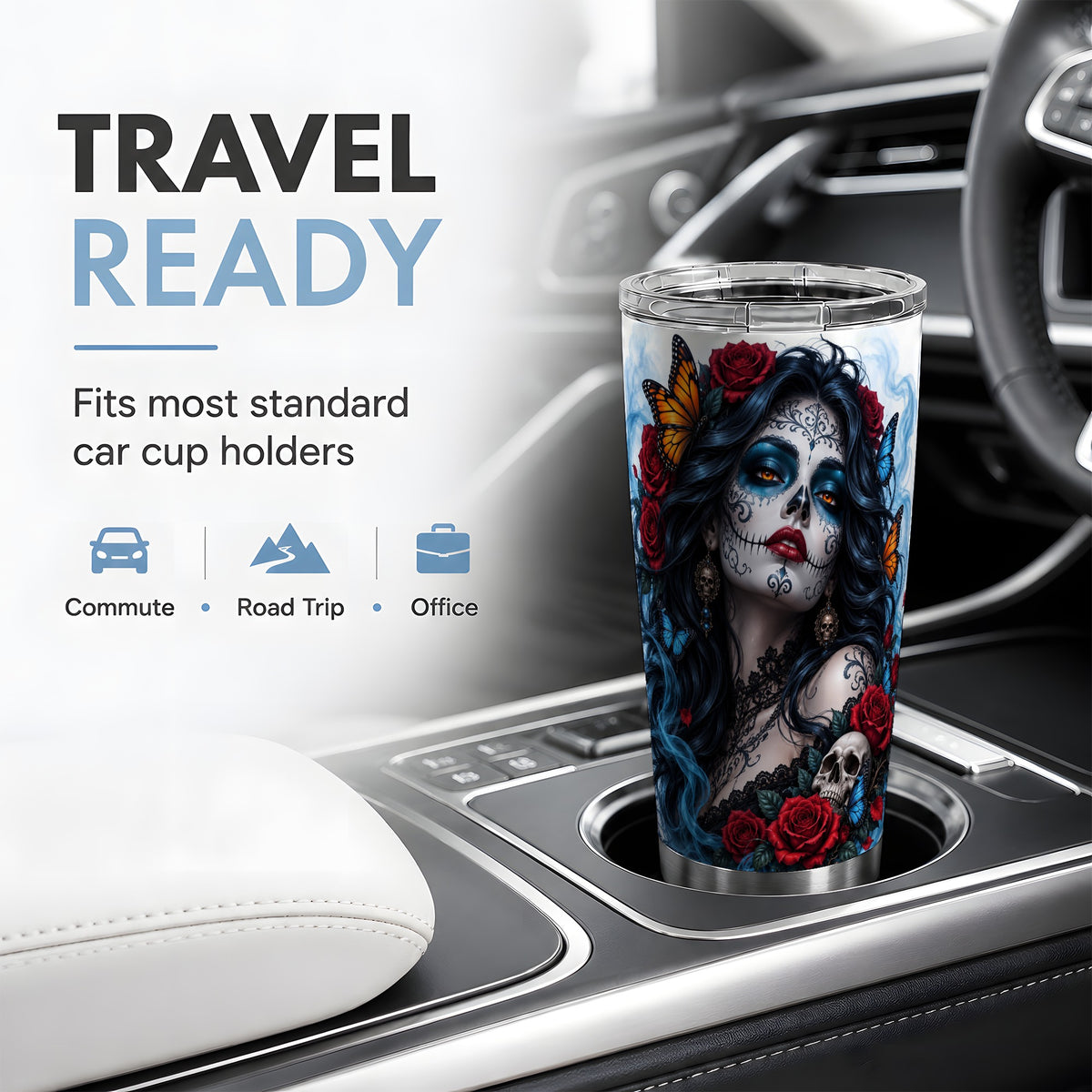 Sugar Skull Rose Butterfly 20oz Tumbler, Stainless Steel for Gothic Fans