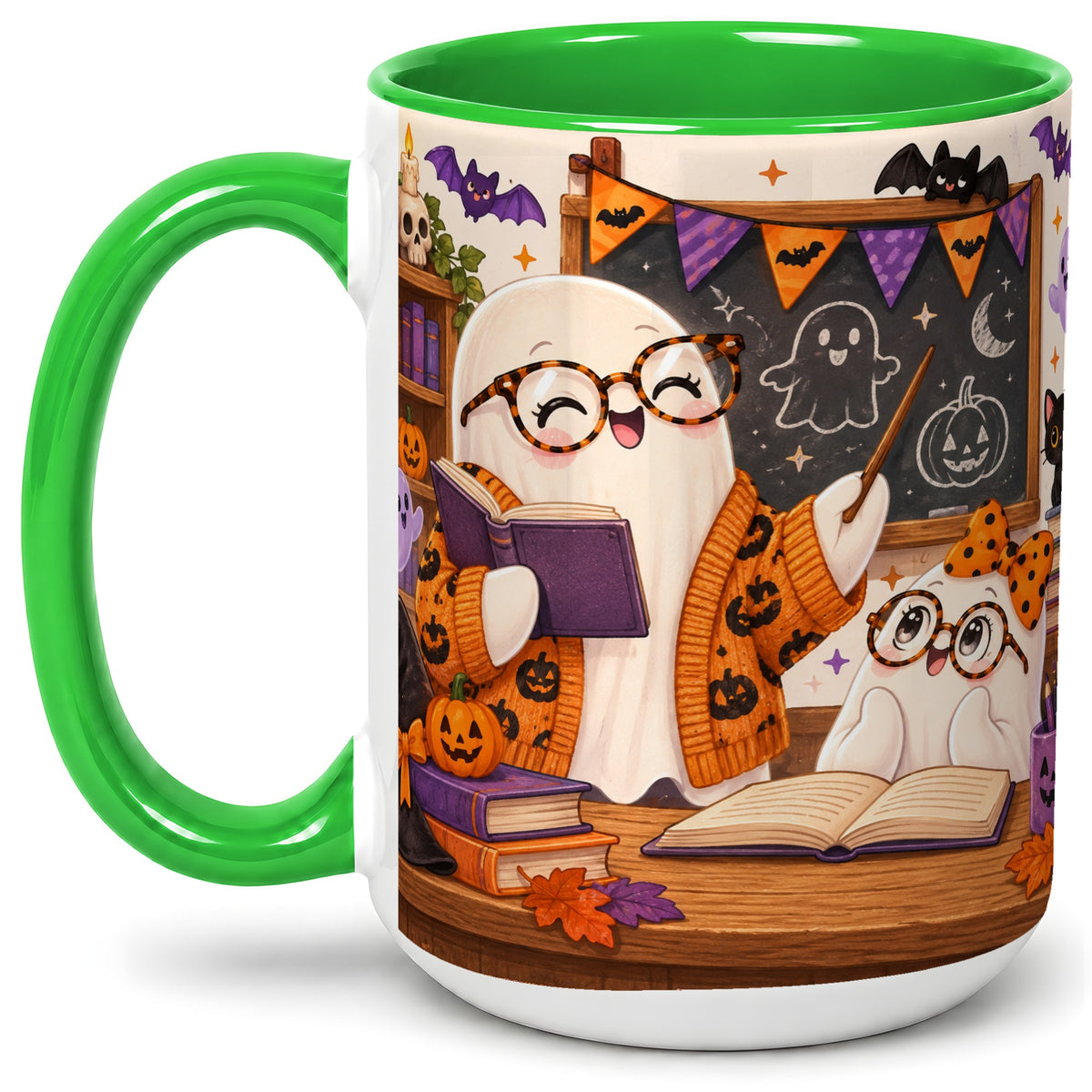 #pl[15oz|Green] Halloween Ghost Classroom Ceramic Mug with Teacher Artwork