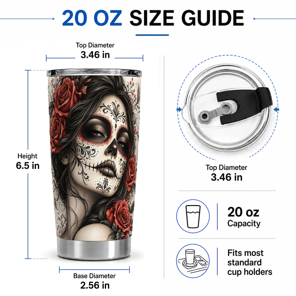 #pl[20oz|Steel] Vintage Sugar Skull Rose 20oz Tumbler, Stainless Steel for Gothic Art Fans