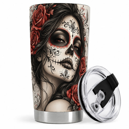 Vintage Sugar Skull Rose 20oz Tumbler, Stainless Steel for Gothic Art Fans