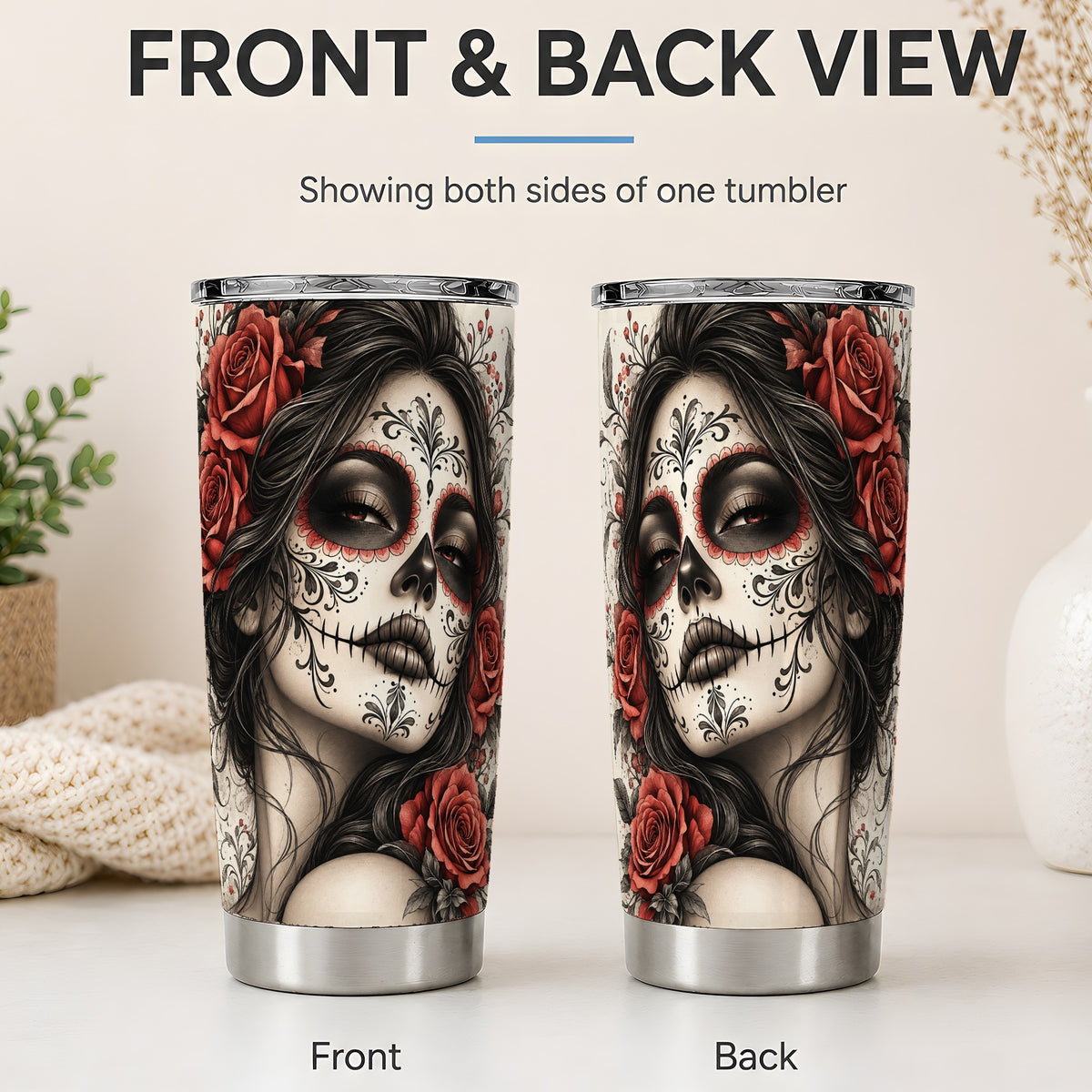 #pl[20oz|Steel] Vintage Sugar Skull Rose 20oz Tumbler, Stainless Steel for Gothic Art Fans