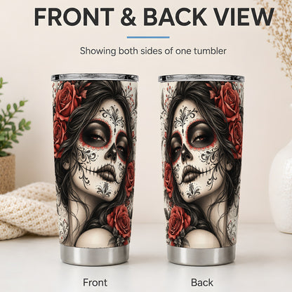 #pl[20oz|Steel] Vintage Sugar Skull Rose 20oz Tumbler, Stainless Steel for Gothic Art Fans