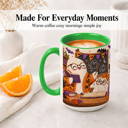 #pl[15oz|Green] Halloween Ghost Classroom Ceramic Mug with Teacher Artwork