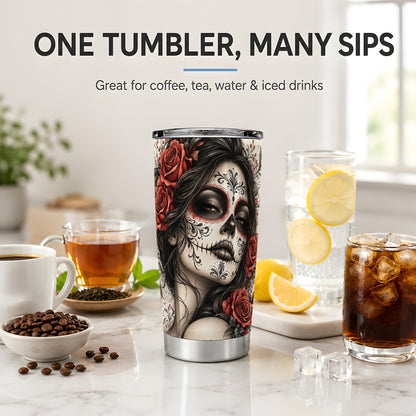 Vintage Sugar Skull Rose 20oz Tumbler, Stainless Steel for Gothic Art Fans