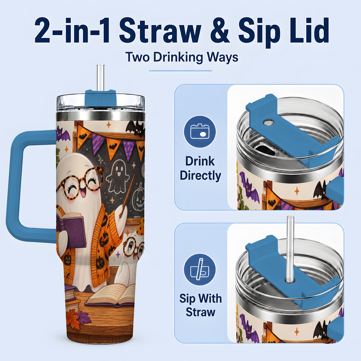 #pl[40oz|Blue] Halloween Ghost Classroom 40oz Tumbler with Teacher Artwork