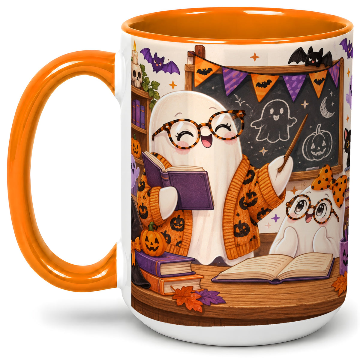 #pl[15oz|Orange] Halloween Ghost Classroom Ceramic Mug with Teacher Artwork