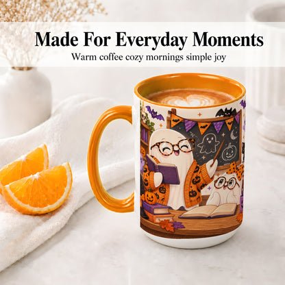 #pl[15oz|Orange] Halloween Ghost Classroom Ceramic Mug with Teacher Artwork