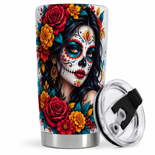 Colorful Sugar Skull Floral 20oz Tumbler, Stainless Steel for Gothic Fans