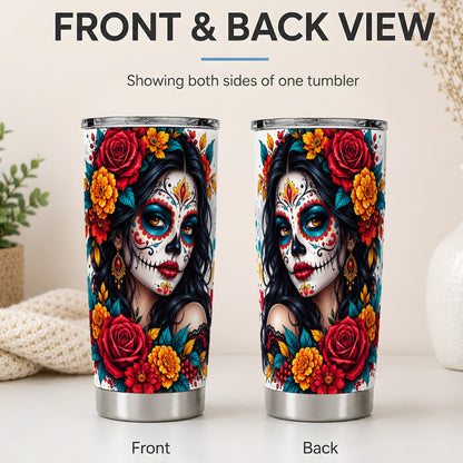 #pl[20oz|Steel] Colorful Sugar Skull Floral 20oz Tumbler, Stainless Steel for Gothic Fans