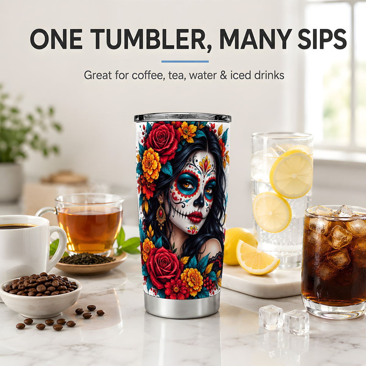 Colorful Sugar Skull Floral 20oz Tumbler, Stainless Steel for Gothic Fans