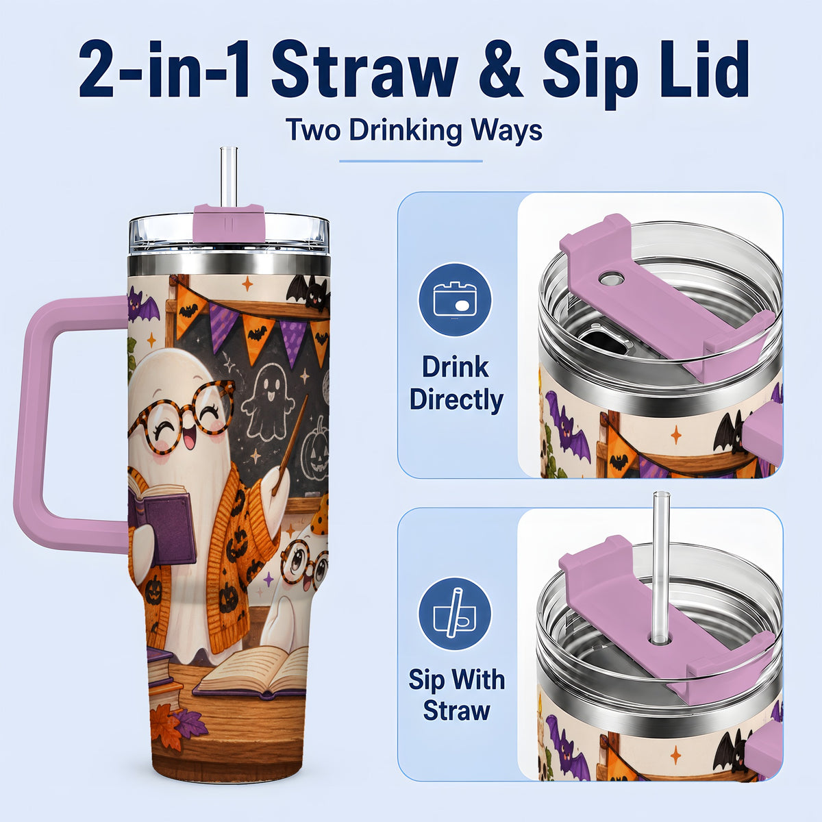 #pl[40oz|Pink] Halloween Ghost Classroom 40oz Tumbler with Teacher Artwork