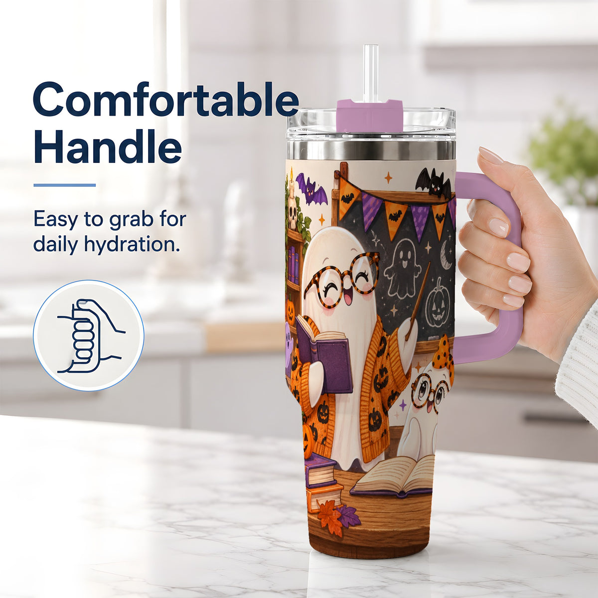 #pl[40oz|Pink] Halloween Ghost Classroom 40oz Tumbler with Teacher Artwork