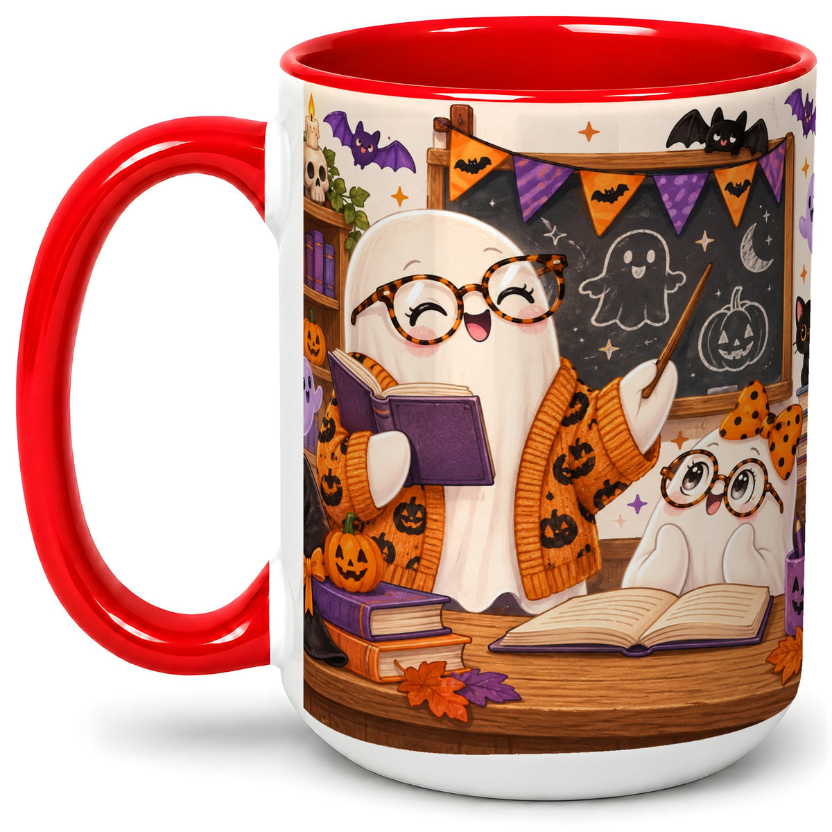 #pl[15oz|Red] Halloween Ghost Classroom Ceramic Mug with Teacher Artwork