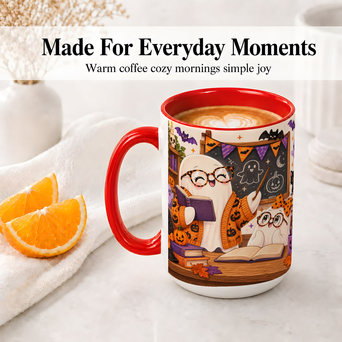 #pl[15oz|Red] Halloween Ghost Classroom Ceramic Mug with Teacher Artwork