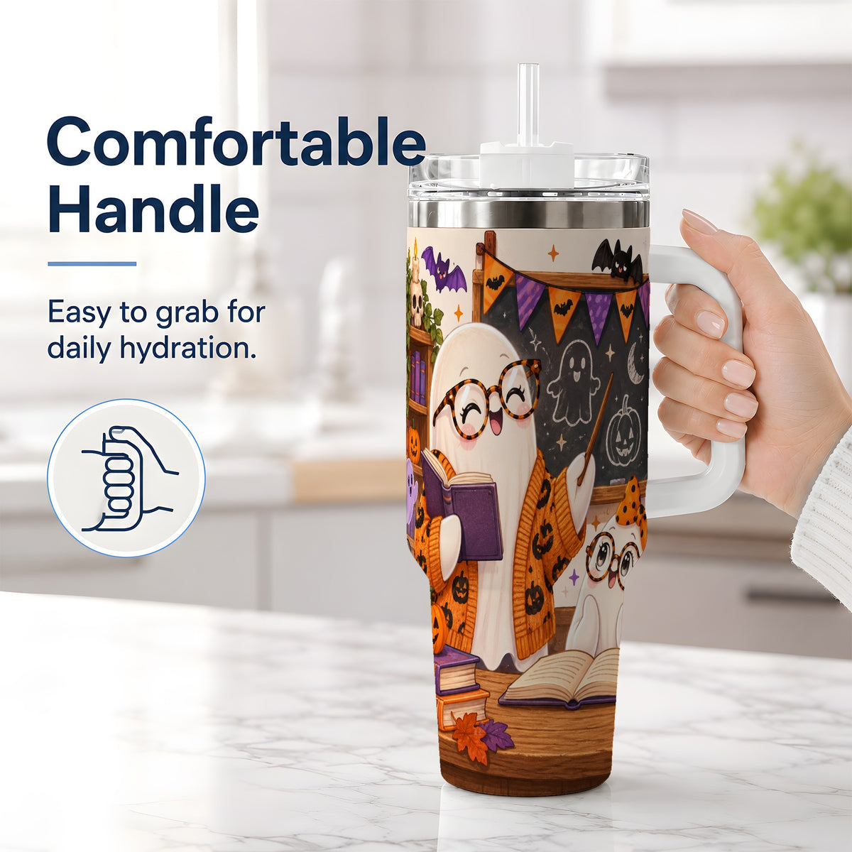 #pl[40oz|White] Halloween Ghost Classroom 40oz Tumbler with Teacher Artwork