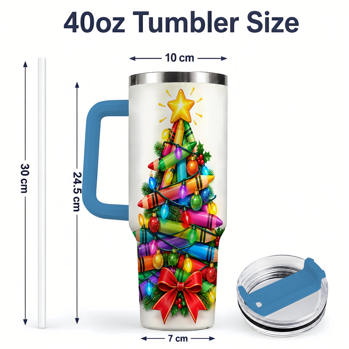 #pl[40oz|Blue] Christmas Crayon Tree 40oz Tumbler, Stainless Steel Drinkware for Teachers