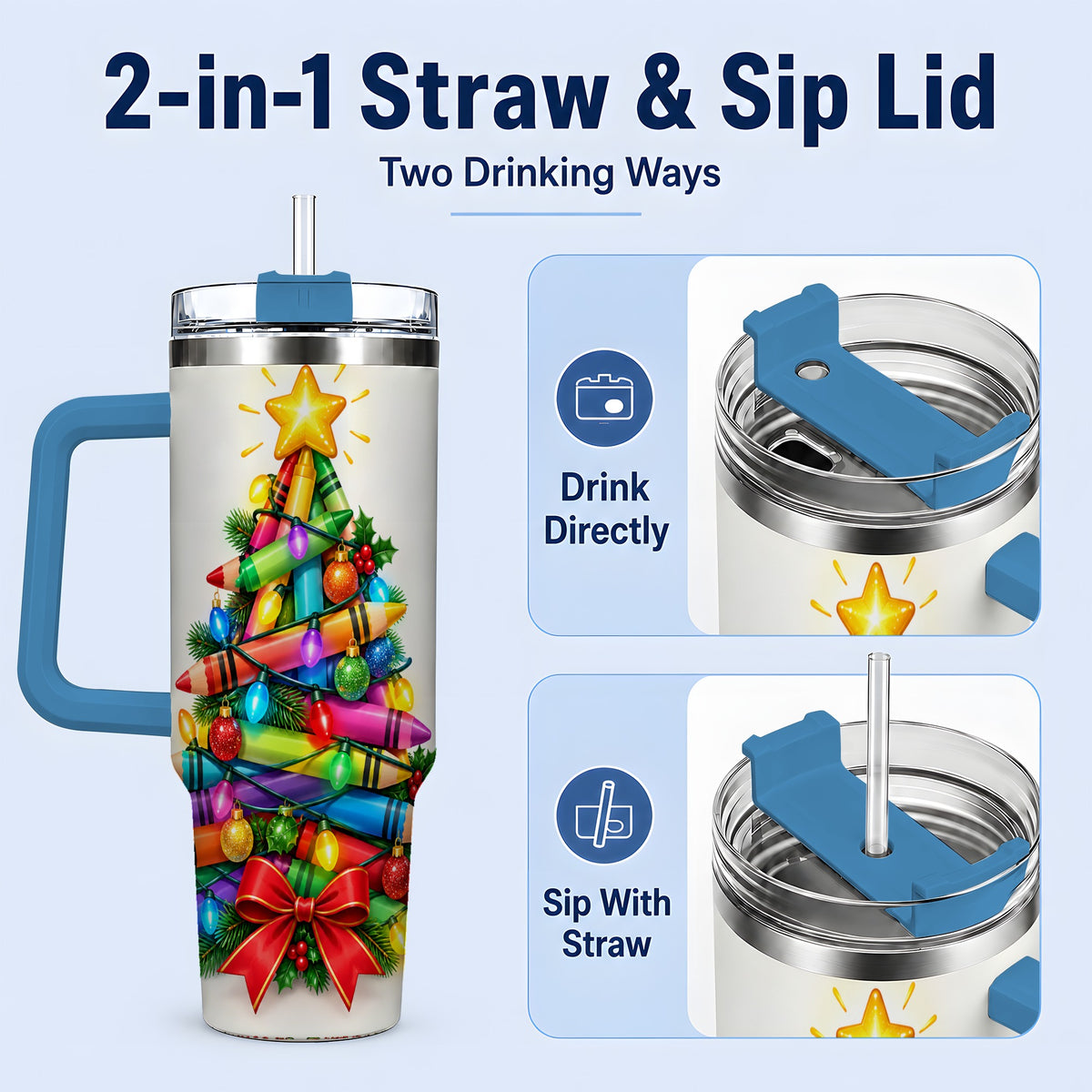 #pl[40oz|Blue] Christmas Crayon Tree 40oz Tumbler, Stainless Steel Drinkware for Teachers