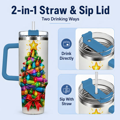 #pl[40oz|Blue] Christmas Crayon Tree 40oz Tumbler, Stainless Steel Drinkware for Teachers