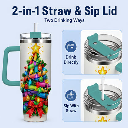 #pl[40oz|Green] Christmas Crayon Tree 40oz Tumbler, Stainless Steel Drinkware for Teachers