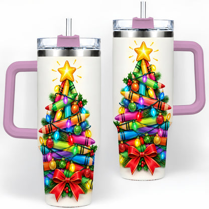 #pl[40oz|Pink] Christmas Crayon Tree 40oz Tumbler, Stainless Steel Drinkware for Teachers