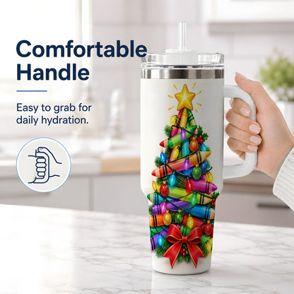 #pl[40oz|White] Christmas Crayon Tree 40oz Tumbler, Stainless Steel Drinkware for Teachers