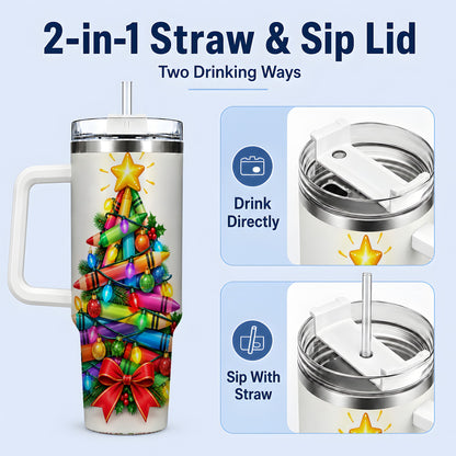 #pl[40oz|White] Christmas Crayon Tree 40oz Tumbler, Stainless Steel Drinkware for Teachers