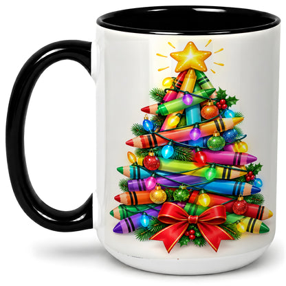 #pl[15oz|Black] Christmas Crayon Tree Ceramic Mug for Teachers