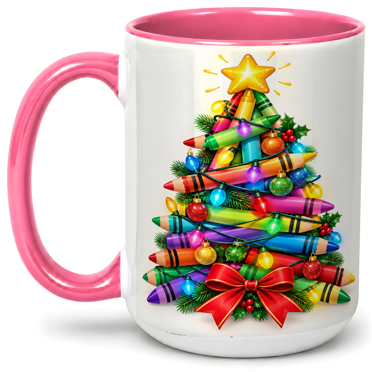 #pl[15oz|Pink] Christmas Crayon Tree Ceramic Mug for Teachers