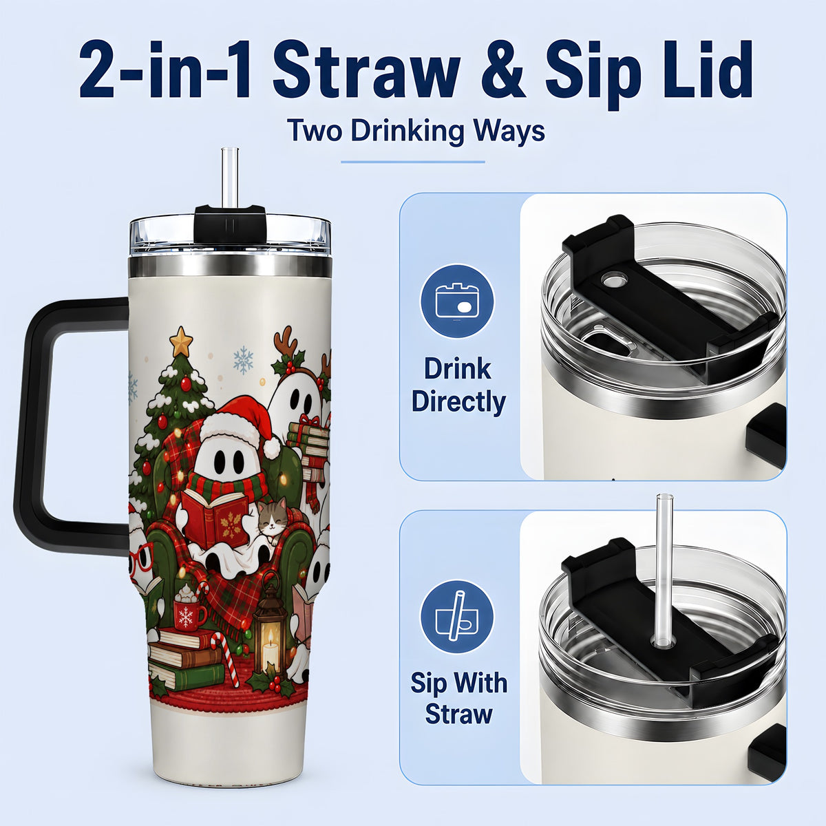 #pl[40oz|Black] Christmas Reading Ghosts 40oz Tumbler, Stainless Steel for Book Lovers
