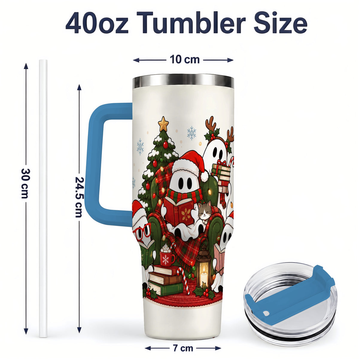 #pl[40oz|Blue] Christmas Reading Ghosts 40oz Tumbler, Stainless Steel for Book Lovers