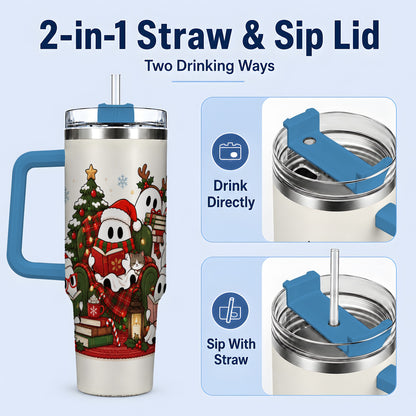 #pl[40oz|Blue] Christmas Reading Ghosts 40oz Tumbler, Stainless Steel for Book Lovers