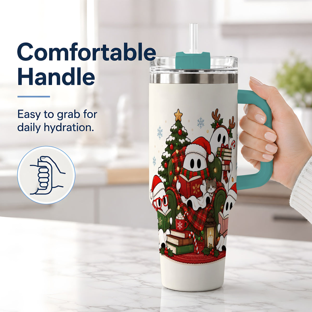 #pl[40oz|Green] Christmas Reading Ghosts 40oz Tumbler, Stainless Steel for Book Lovers