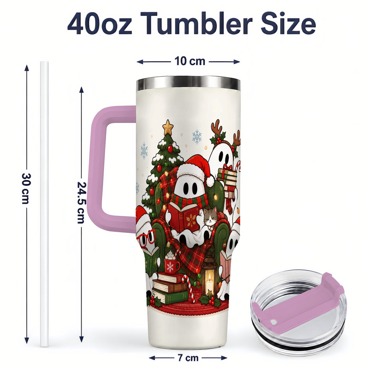 #pl[40oz|Pink] Christmas Reading Ghosts 40oz Tumbler, Stainless Steel for Book Lovers