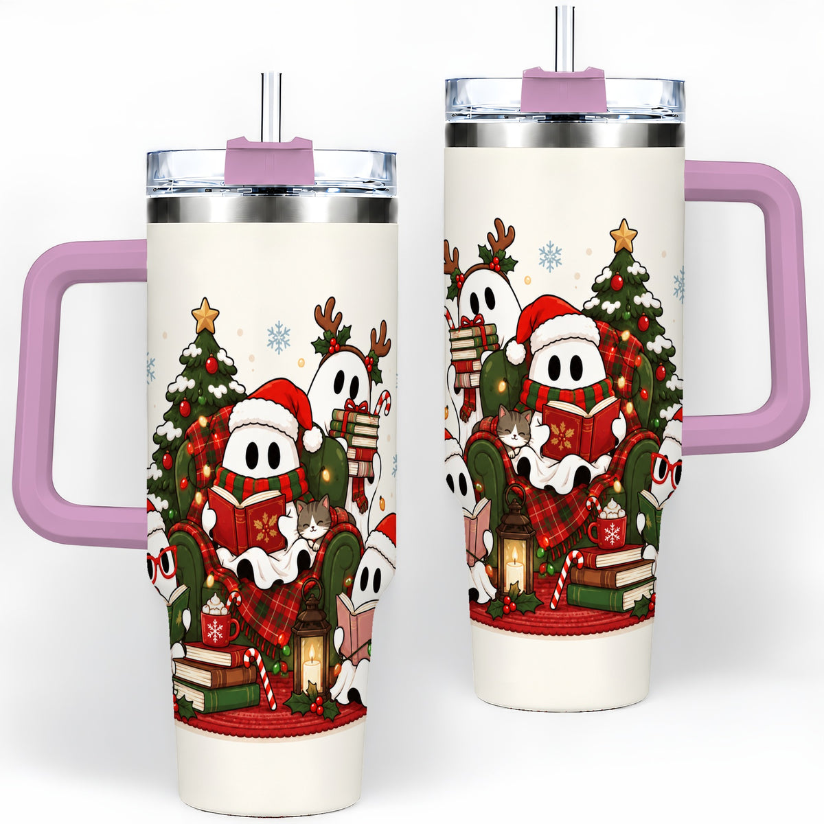 #pl[40oz|Pink] Christmas Reading Ghosts 40oz Tumbler, Stainless Steel for Book Lovers