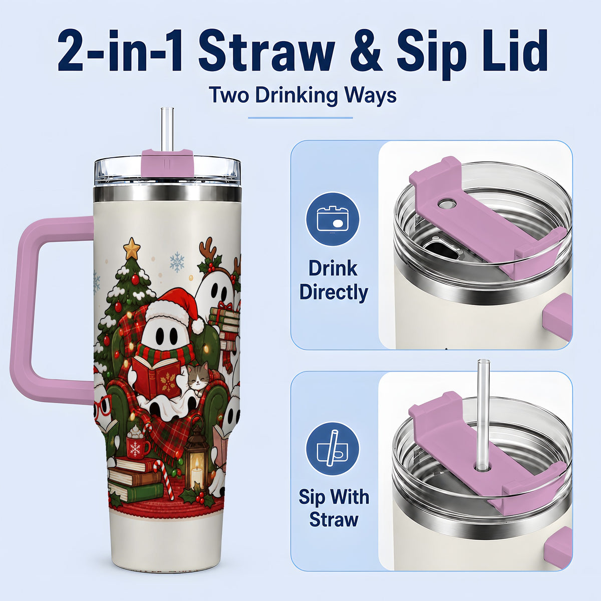 #pl[40oz|Pink] Christmas Reading Ghosts 40oz Tumbler, Stainless Steel for Book Lovers