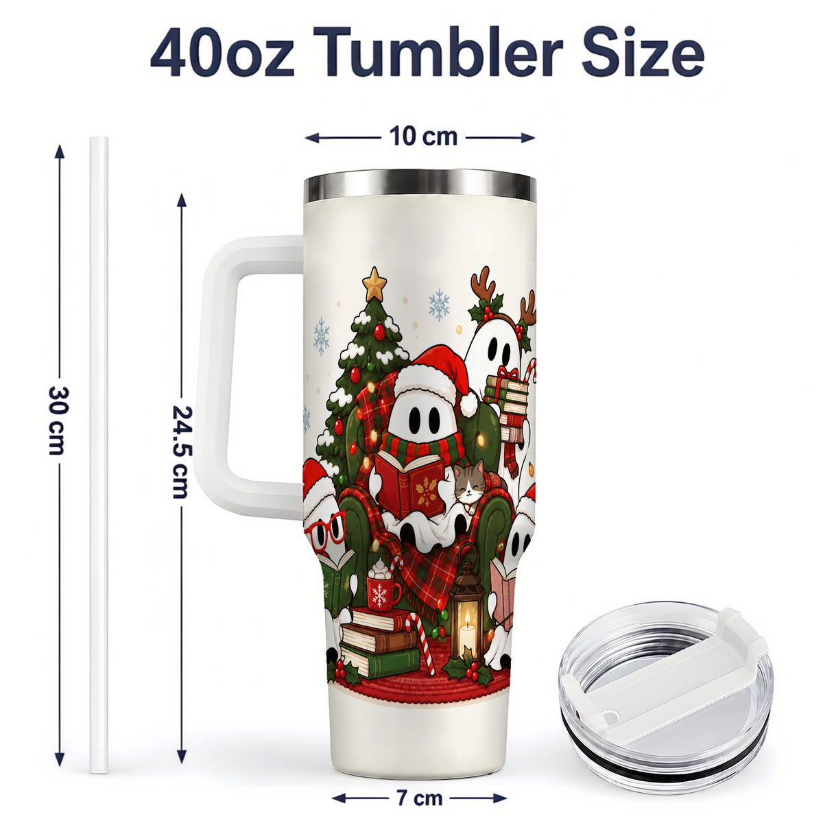 #pl[40oz|White] Christmas Reading Ghosts 40oz Tumbler, Stainless Steel for Book Lovers