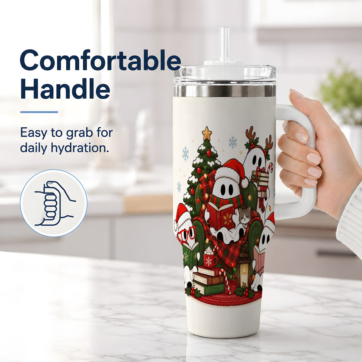 #pl[40oz|White] Christmas Reading Ghosts 40oz Tumbler, Stainless Steel for Book Lovers