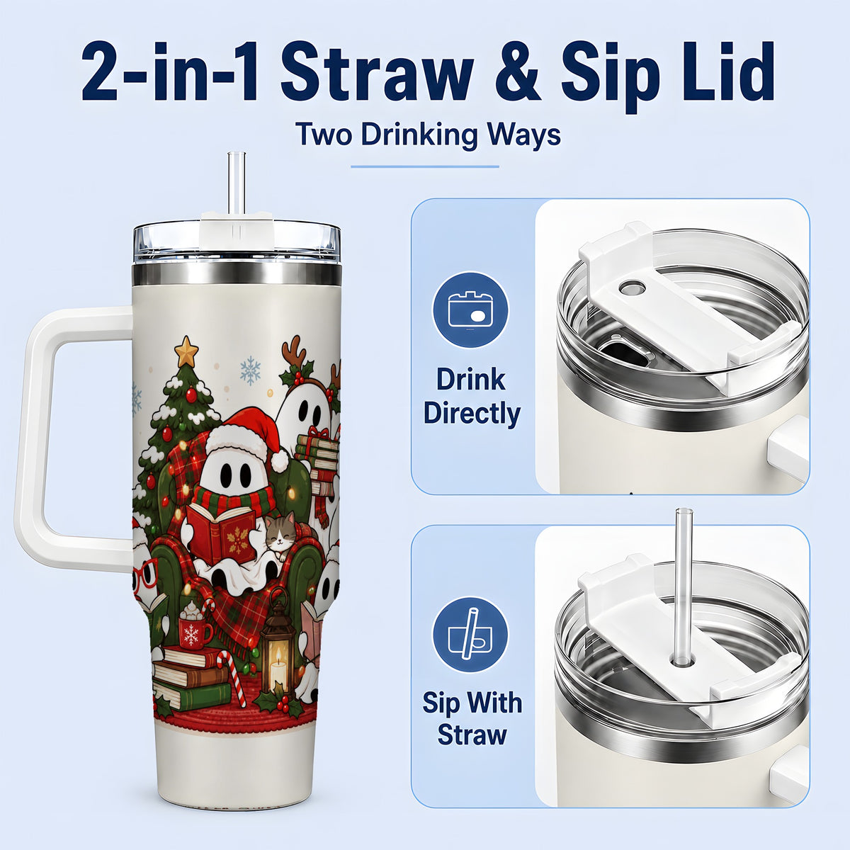 #pl[40oz|White] Christmas Reading Ghosts 40oz Tumbler, Stainless Steel for Book Lovers