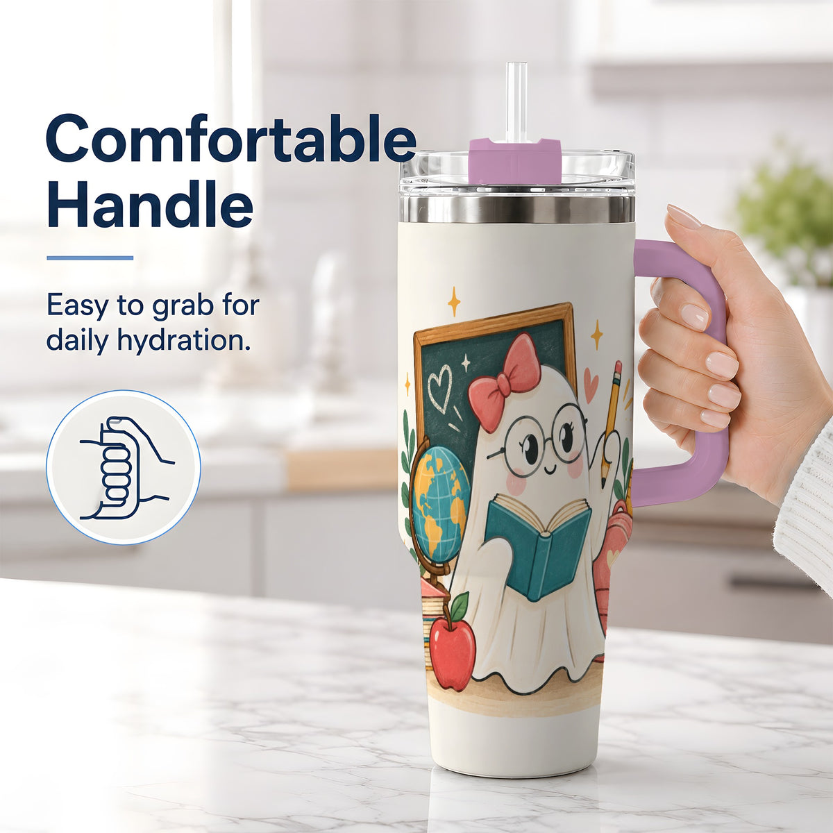 #pl[40oz|Pink] Teacher Ghost Classroom 40oz Tumbler, Stainless Steel for Teachers