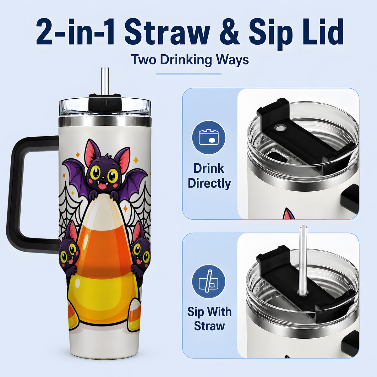 #pl[40oz|Black] Halloween Bat Candy Corn 40oz Tumbler, Stainless Steel Drinkware