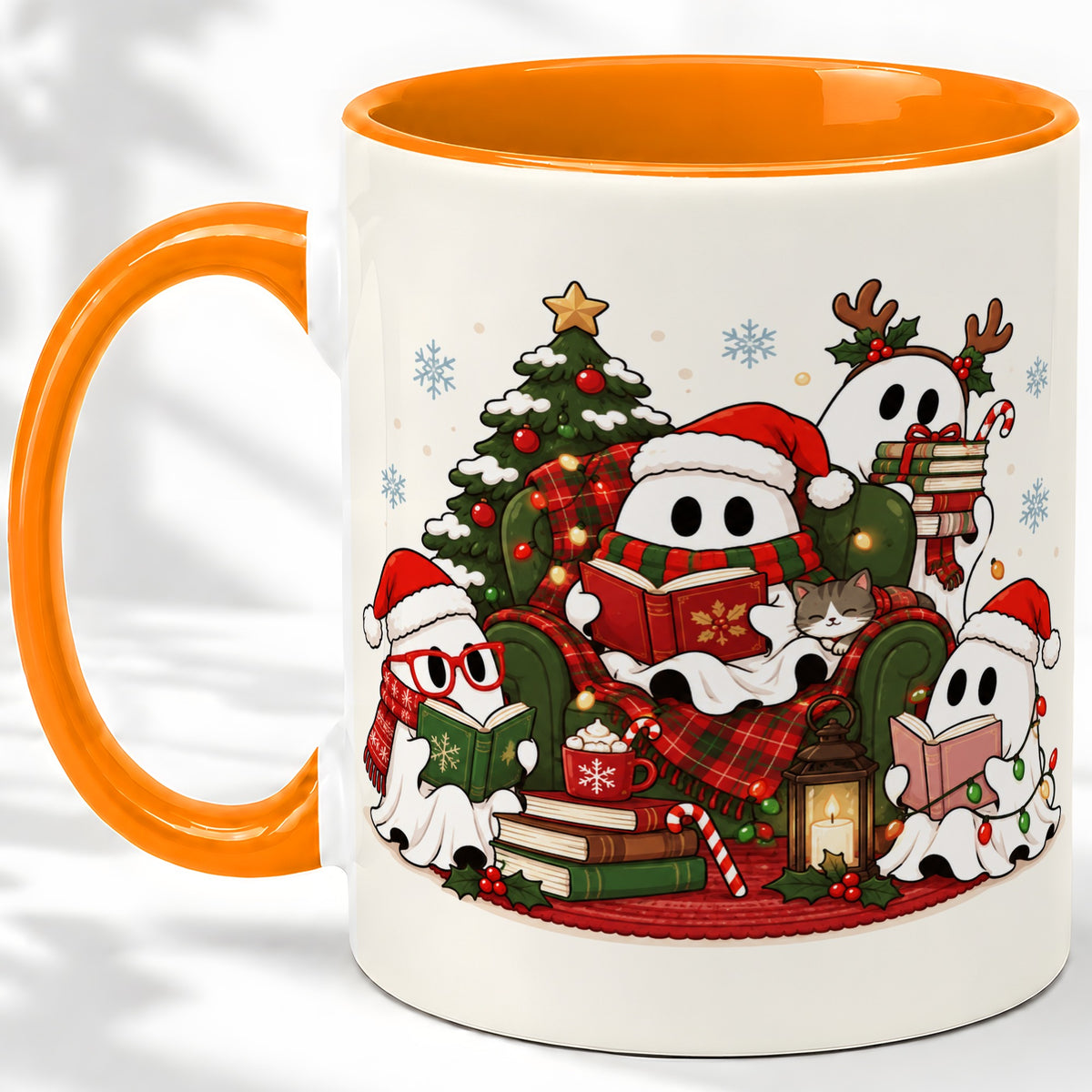 #pl[11oz|Orange] Christmas Reading Ghosts Ceramic Mug for Book Lovers