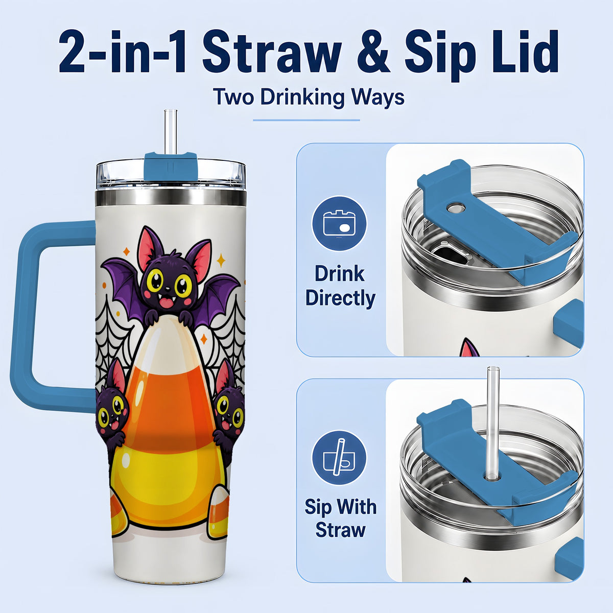 #pl[40oz|Blue] Halloween Bat Candy Corn 40oz Tumbler, Stainless Steel Drinkware