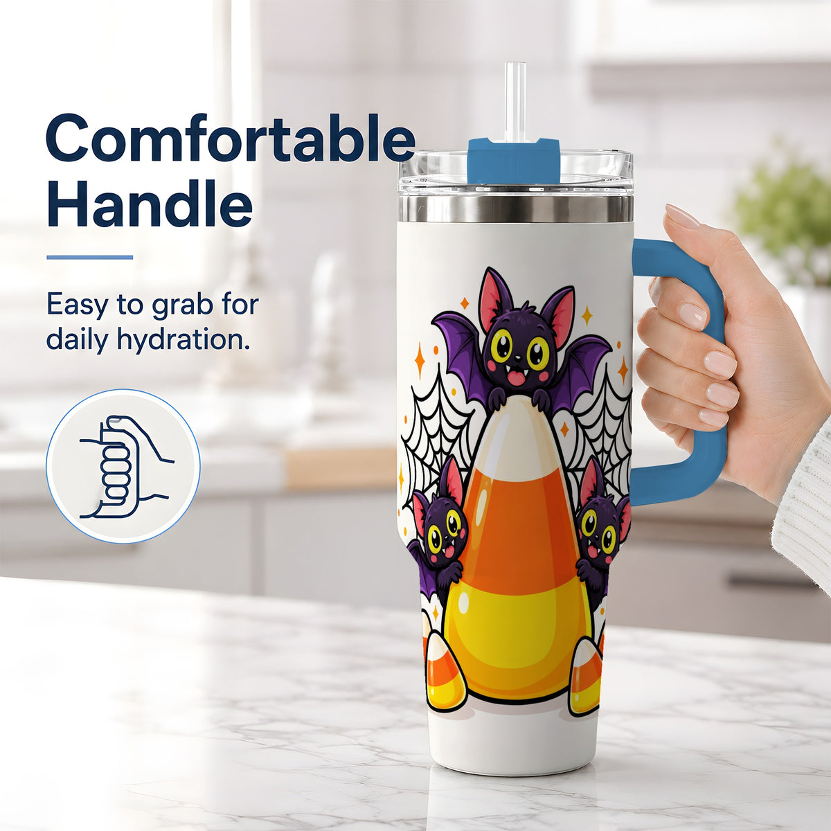 #pl[40oz|Blue] Halloween Bat Candy Corn 40oz Tumbler, Stainless Steel Drinkware