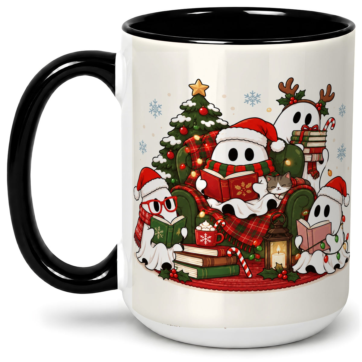 #pl[15oz|Black] Christmas Reading Ghosts Ceramic Mug for Book Lovers