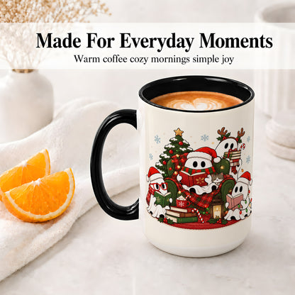 #pl[15oz|Black] Christmas Reading Ghosts Ceramic Mug for Book Lovers