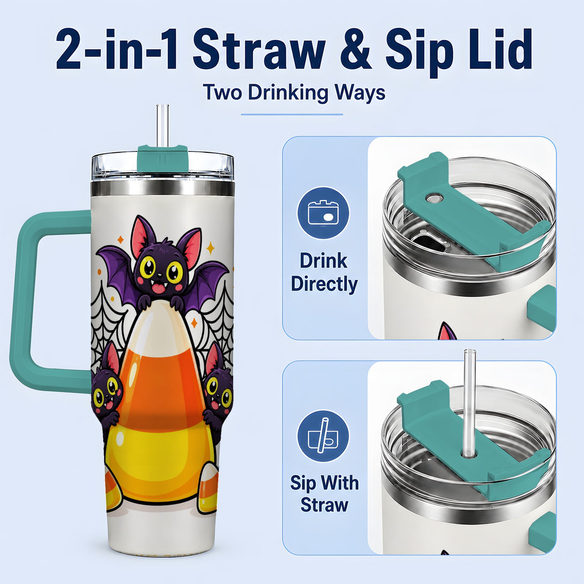 #pl[40oz|Green] Halloween Bat Candy Corn 40oz Tumbler, Stainless Steel Drinkware