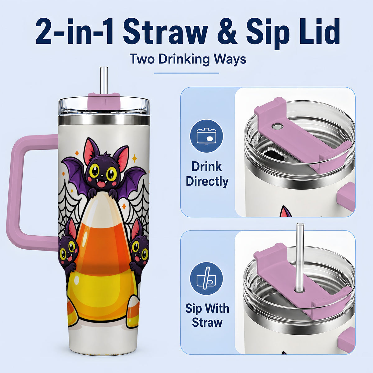 #pl[40oz|Pink] Halloween Bat Candy Corn 40oz Tumbler, Stainless Steel Drinkware